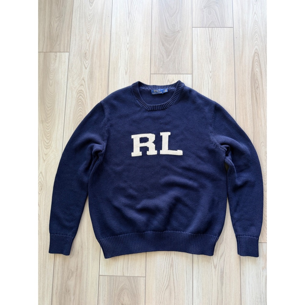 Polo Ralph Lauren Sweater Mens Large Navy Blue RL Logo Intarsia Knit Crewneck